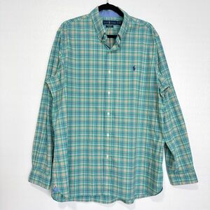 Ralph Lauren Shirt Men’s XL Green Plaid 100% Cotton Stretch Blue Logo‎ Preppy